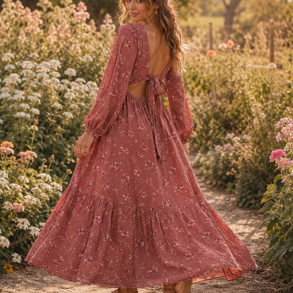 Dress Forum‎ Floral Maxi Dress Small Open Back Tie Dusty Rose Boho Small Cottage
